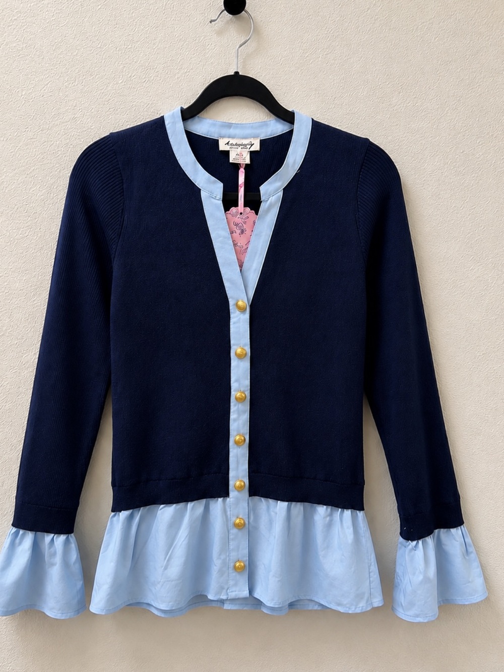 Aventura Navy with Light Blue Trim Ruffle-Hem Button Cardigan